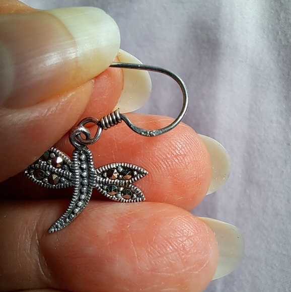 Vintage Marcasite Sterling Silver Hallmarked Dragonfly drop earrings Marcella MC - Picture 6 of 6